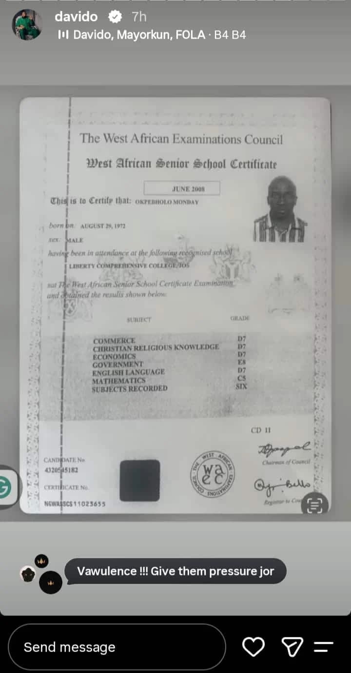 Davido Hits Back at Okpebholo Over Adeleke Mockery, Posts Alleged WAEC Result